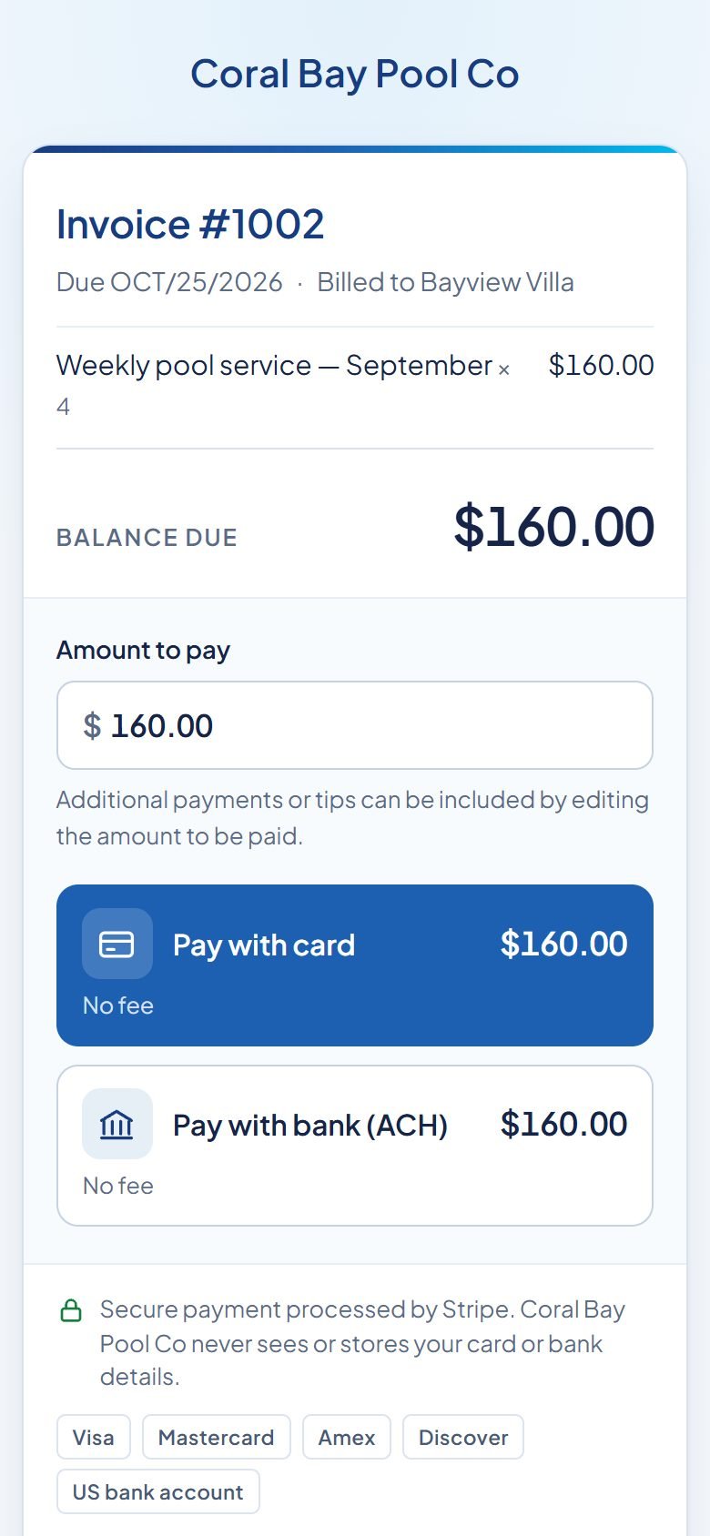 Invoice on the client’s phone, ready to pay online.