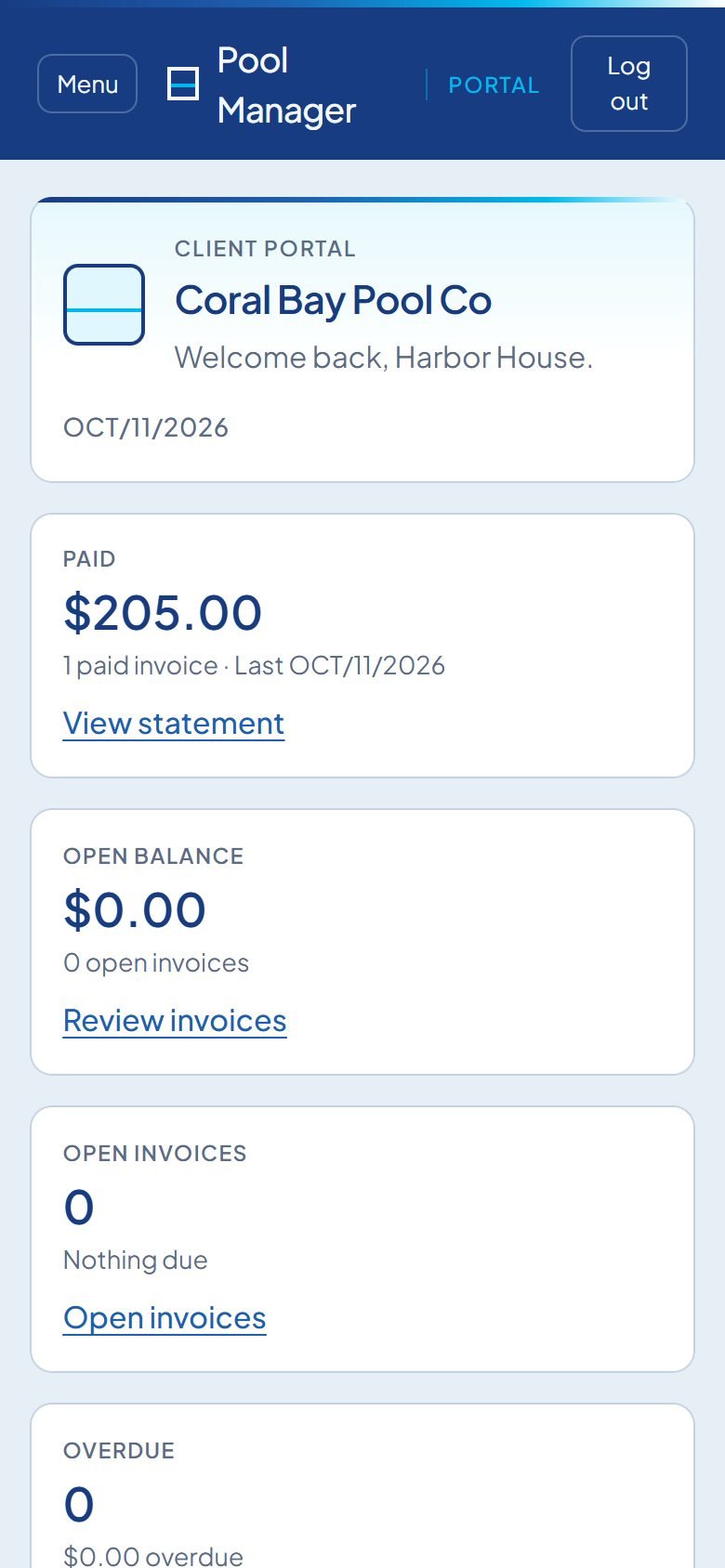 Client portal home with balance and invoices.