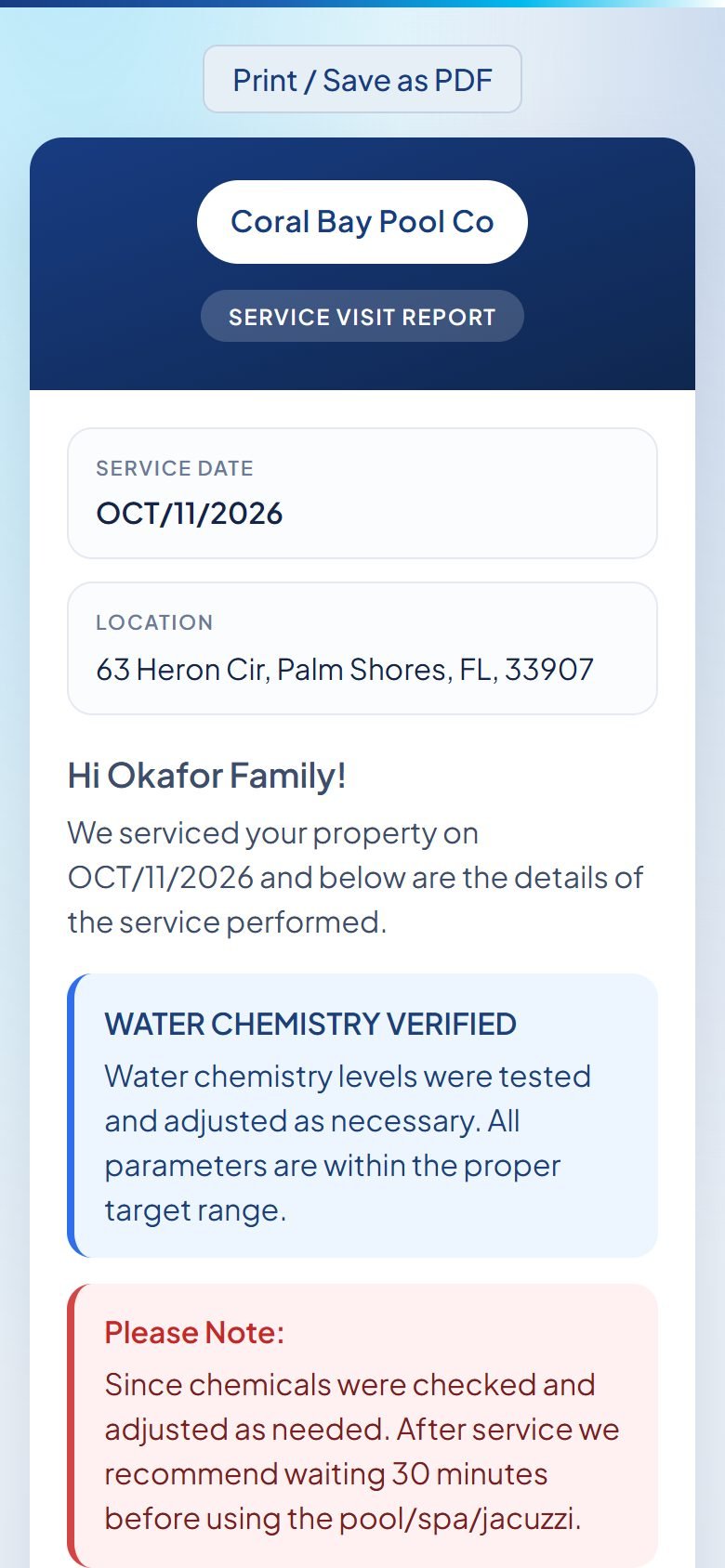 Service report on the client’s phone, with readings and notes.