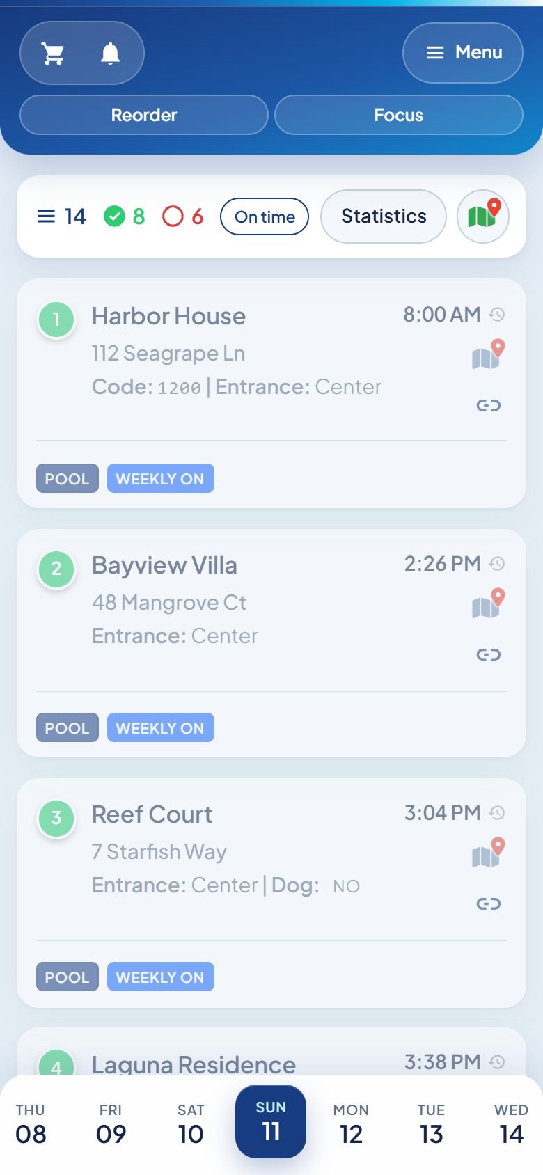 Field app: today’s stops on the technician’s phone.