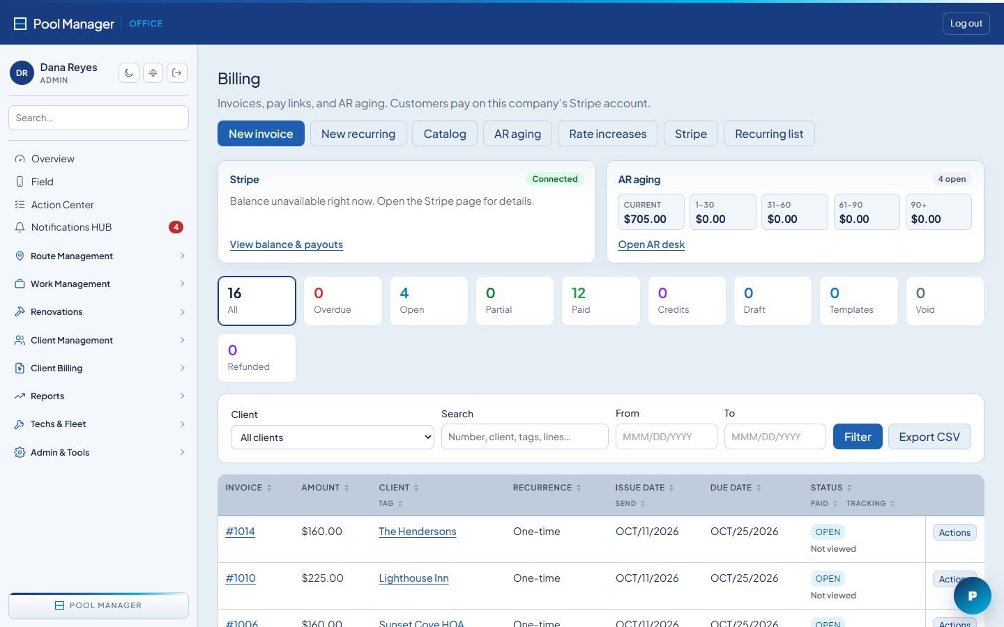 Billing: invoices, payment status and AR aging.