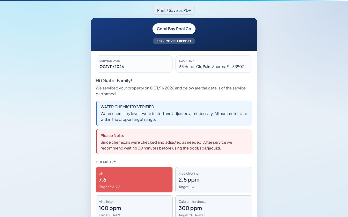 Service report as the client sees it on a computer.